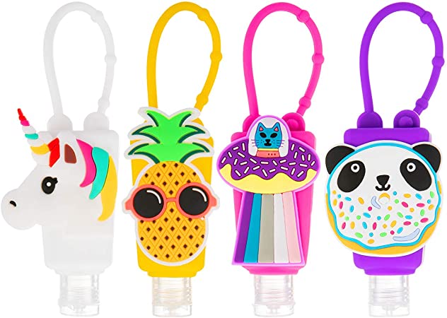 4 Sets Silicone Hand Cleaner Holders- Cartoon Keychain Carrier Bottle Holder with Hand Refillable Bottles Mini Detachable Kids Portable Plastic Leak Proof Liquid Soap Bottles for Travel Daily Use