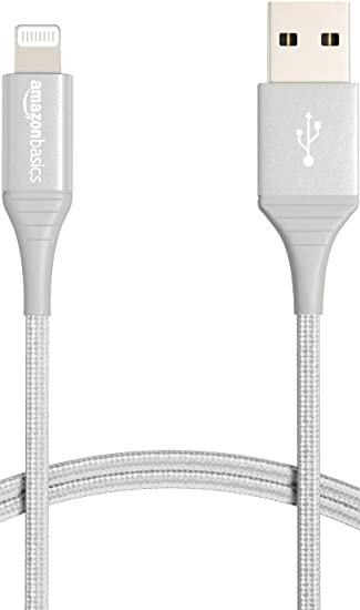 Amazonbasics Mfi Certified Double Braided Nylon Lightning To Usb Cable Charger For Apple Iphone, Tablet, Durability Rated 10000 Bends (Silver, 6-Foot)