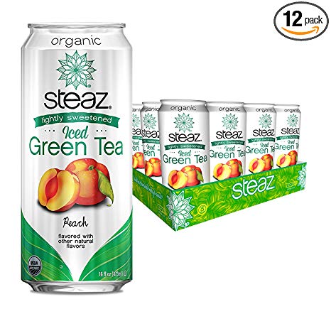Steaz Organic Iced Green Tea with Peach, Lightly Sweetened, 16 OZ (Pack of 12)