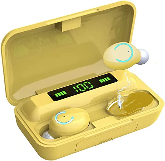 Acuvar Fully Wireless Bluetooth 5.0 Rechargeable IPX7 Waterproof Earbud Headphones with Microphone 1800mAh USB Charging Case Powerful Surround Stereo Bass and Passive Noise Cancelling (Yellow)