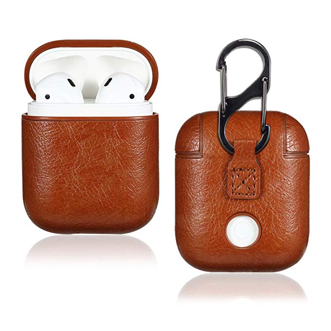 Leather Airpod Case for Airpods 2 and 1, AirPods Accessories Premium Leather Protective Shockproof Case Cover (Support Wireless Charging) for Airpods Case with Keychain (Brown)