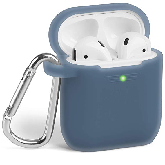 Airpods Case, GMYLE Silicone Protective Shockproof Wireless Charging Airpods Earbuds Case Cover Skin with Keychain kit Set Compatible for Apple AirPods 1 & 2 - Charcoal Blue (Front LED Visible)
