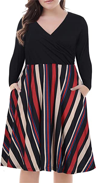 Nemidor Women's V-Neck Print Pattern Casual Work Stretchy Plus Size Swing Dress with Pocket