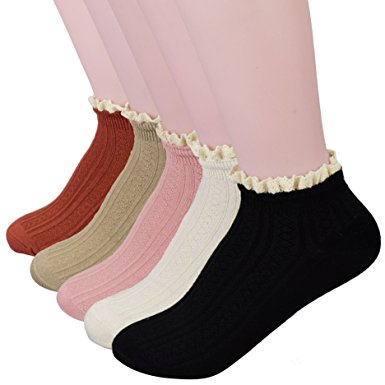 Fitu Women's Bamboo Fiber Lace Top Ankle Socks 5 Pairs Pack