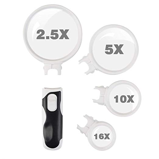 Magnifying glass with LED Lights,Includes 4 Lens(2.5x,5x,10x,16x) Handheld magnifer Loupe for Hobby, Reading,Crafts,Macular Degeneration