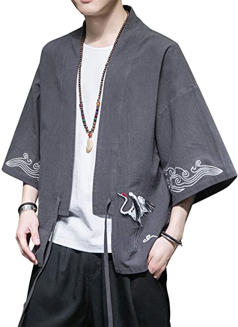 PRIJOUHE Men's Kimono Jackets Cardigan Casual Cotton Blends Linen Seven Sleeve Open Front Embroidery Coat