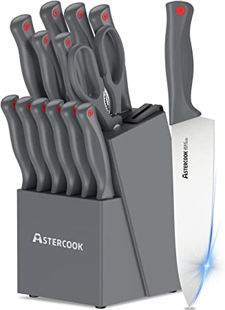 Astercook Knife Set with Built-in Sharpener Block, Dishwasher Safe Kitchen Knife Set with Block, 14 Pcs High Carbon Stainless Steel Block Knife Set with Self Sharpening and 6 Steak Knives, Grey