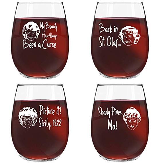 Golden Girls Inspired Stemless Wine Glass Set of 4 (15 oz)- Funny Novelty Glasses for Party, Event, Girls Night- Unique Birthday Gift For Mom, Women Best Friend- Fun Drinking for Bachelorette Parties