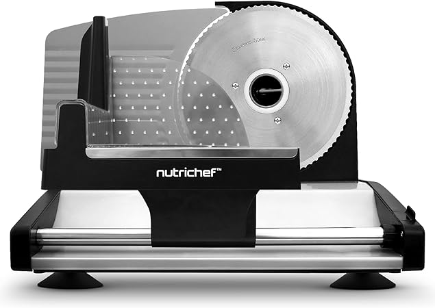 Nutrichef Electric Meat Slicer | 200W Automatic Meat, Deli & Bread Slicer | Adjustable Dial for 0-15mm Cutting Range Thickness | Removable 7.5 IN Stainless Steel Blade & Food Pusher for Safety (Black)