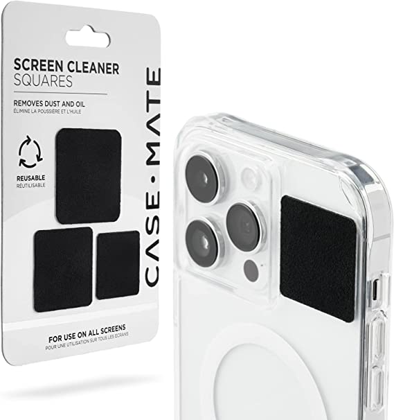 Case-Mate Screen Cleaner Squares - [3 Pcs] Peel & Stick Reusable, Washable Microfiber Cleaning Cloth/Wipes for iPhone, Laptop, iPad, Computer Screens, Camera Lenses, Car Screen & Other Electronics
