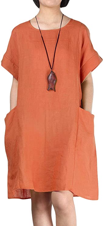 Mordenmiss Women's Linen Tunic Dresses Dropped Shoulder Loose-Fit Long Tops with Big Pockets