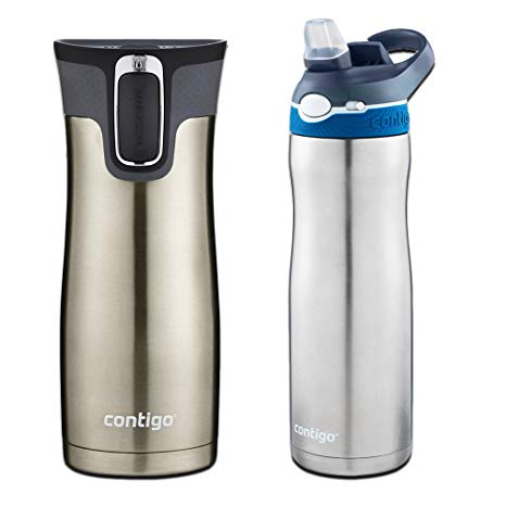 Contigo AUTOSEAL 2 Pack - West Loop Stainless Steel/Black Travel Mug (16 oz) with Chill Stainless Steel/Blue Water Bottle (24 oz)