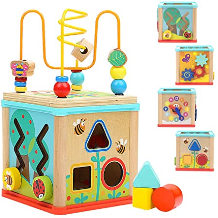 TOP BRIGHT Toddler Activity Cube Toy, Classic Wooden Toy with Bead Maze and Shape Sorter Gift for 1 2 3 Year Old Baby Girl Boy