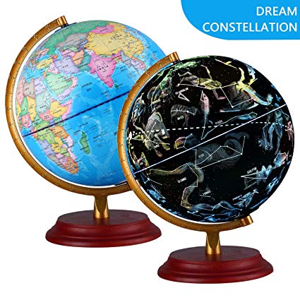 Illuminated World Globe With Wooden base Night View Stars Constellation Pattern Globe lamp For Kids with Detailed World Map Built-in LED Bulb No Battery Required Educational Gift Night Stand Decor