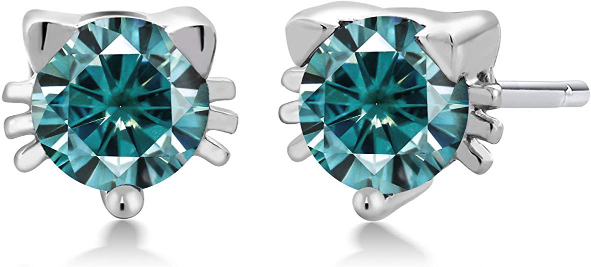 925 Sterling Silver Stud Earrings Blue Round Created Moissanite by Charles & Colvard 1.00ct DEW