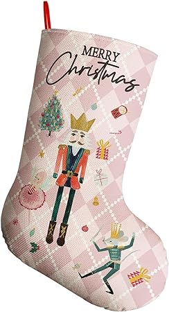 AVOIN colorlife Merry Christmas Pink Nutcracker Christmas Stocking 18 Inch, Hanging Ornaments Decorative Stocking for Home