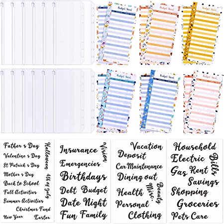 12 Pieces Binder Pockets A6 Size 6 Holes Binder Pockets 12 Pieces Budget Sheets Expense Tracker Sheets and 4 Sheets Cash Envelope Sticker for Budget Planners (Floral Style)