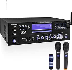 Pyle 4-Channel Wireless Microphone Amplifier System - Home Audio Stereo Receiver with CD/DVD Player, Dual UHF Mics, MP3/USB Playback, AM/FM Radio, Bluetooth Connectivity, Rack Mountable