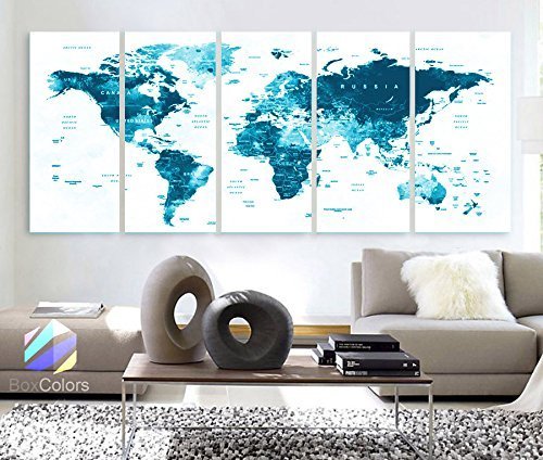 Original by BoxColors XLARGE 30"x 70" 5 Panels 30"x14" Ea Art Canvas Print Watercolor Map World Countries Cities Push Pin Travel Wall color Blue decor Home interior (framed 1.5" depth)