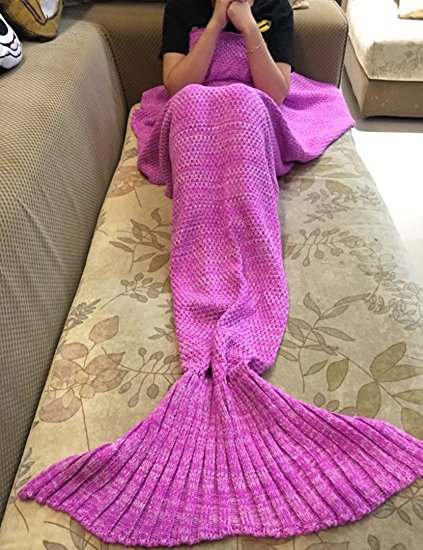 Mermaid Blanket for Kids, SEANUT Mermaid Sleeping Bag Blanket Cable Knitted (Purple-pink)