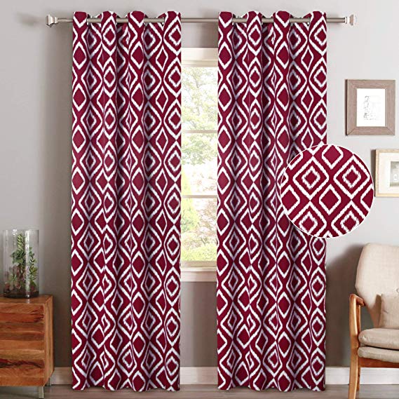 Flamingo P Thermal Insulated Blackout Curtains Nursery & Infant Care Curtain Drapes for Bedroom Energy Smart Noise Reducing Grommet Top Curtains 52W by 96L inch, Ikat Fret 2 Panels Burgundy Red
