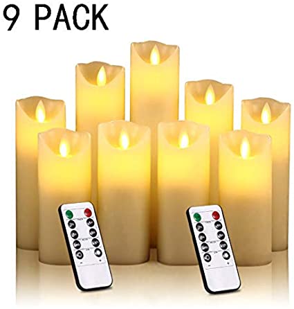 Flameless Candles,Led Candles Set of 9 Ivory Dripless Real Wax Pillars Include Realistic Dancing LED Flames Battery Candles and 10-Key Remote Control with 24-Hour Timer