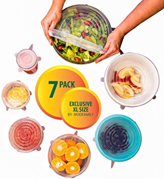 Silicone Stretch Lids (7 pack, includes EXCLUSIVE XL SIZE), Reusable, Durable and Expandable to Fit Various Sizes and Shapes of Containers. Superior for Keeping Food Fresh, Dishwasher and Freezer Safe