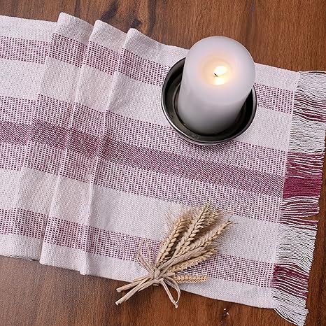 Boho Farmhouse Striped Table Runner 72 Inch Long for Dining Table, Wedding, Dresser Decor - Natural Cotton Tassle Rustic Striped Table Decoration - Ivory / Purple