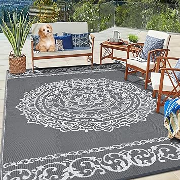 Zacoo Large Outdoor Rug 9x12 Patio Decor Camping Mat Geometric Outdoor Mat Portable Vintage Floral Washable Rug UV Resistant Waterproof Carpet Outdoor Decorations for Patio Camping RV Boho|Grey 9'x12'