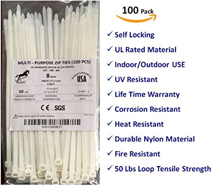 Heavy Duty Industrial Strength Self Locking Cable Zip Ties, 100 pieces, 8 Inch - White Nylon - UV Resistant, Indoor, Outdoor Use.