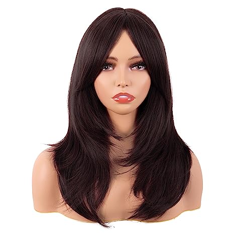 MapofBeauty 20 Inch/50 cm Long Layered With Bangs Straight Synthetic fiber Shoulder Length Hair for Daily Use or Party Wig (Dark Brown)