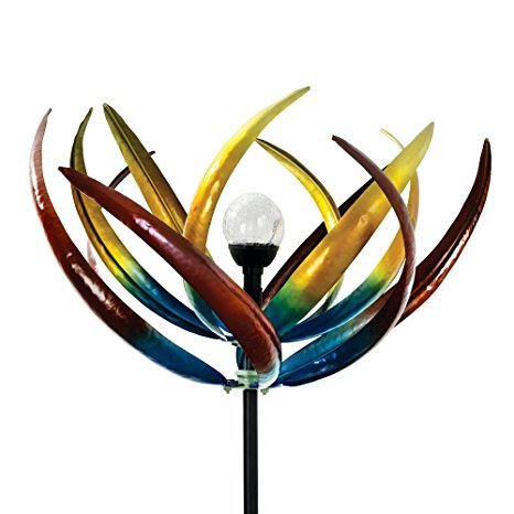 Solar Multi-Color Tulip Wind Spinner-Solar Powered Glass Ball Emits Color-Changing Light - Made of Metal and Steel