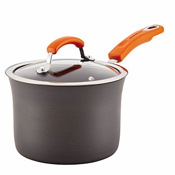 Rachael Ray Hard Anodized Aluminum Nonstick 3-Quart Covered Saucepan, Gray with Orange Handle