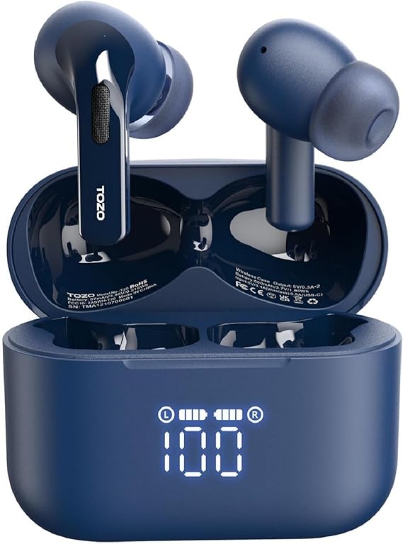 TOZO T20 Wireless Earbuds Bluetooth Headphones 48.5 Hrs Playtime with LED Digital Display, IPX8 Waterproof, Dual Mic Call Noise Cancelling 10mm Broad Range Speakers with Wireless Charging Case Blue