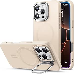 ESR for iPhone 16 Pro Case, Silicone Case with Stand, Compatible with MagSafe, Military-Grade Protection, Built-in Camera Stash Stand, Magnetic iPhone Case for iPhone 16 Pro, Cloud Series, Light Tan