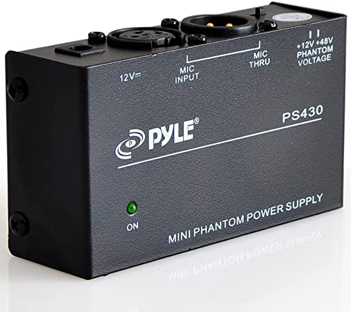 Universal Compact Phantom Power Supply - Selectable  12 /  48 Volt Regulated Single Channel Home Condenser Microphone Power Supply Box, Includes 12V DC Adapter, LED Indicator - Pyle PS430