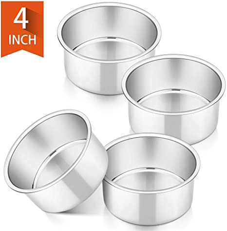 4 Inch Small Cake Pan Set of 4, P&P CHEF Stainless Steel Baking Round Cake Pans Tins Bakeware for Mini Cake Pizza, Quiche, Non Toxic & Healthy, Leakproof & Easy Clean, Mirror Finish & Easy Releasing