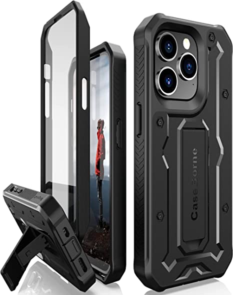 CaseBorne V Compatible with iPhone 14 Pro Case - Military Grade Full-Body Rugged with Kickstand and Built-in Screen Protector - Black