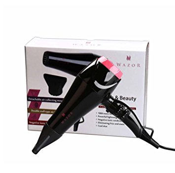Wazor Powerful AC Motor Hair Dryer Professional Longlife Negative Ions Blow Dryer 2 Speed and 3 Heat Settings Removable Inlet Grille 220-240V Safe UK Plug