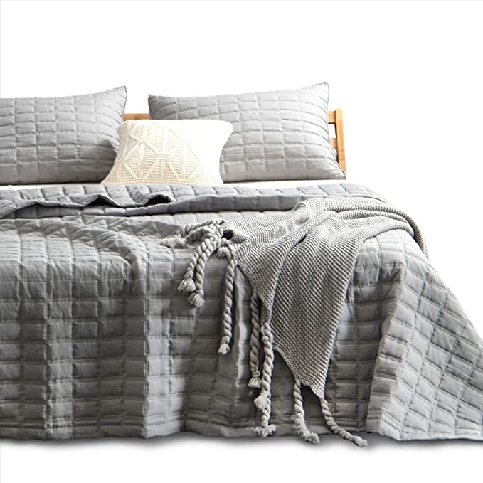 Kasentex Quilt-Bedding-Coverlet-Blanket-Set, Machine Washable, Ultra Soft, Lightweight, Stone-Washed, Detailed Stitching - Hypoallergenic - Solid Color, Full/Queen   2 Shams, Dark Grey