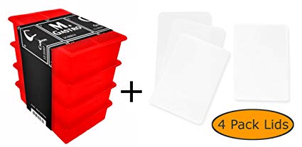 Silicone Ice Cube Trays by M.Gastro, SAVE WITH OUR ECONOMY 4 PACK, Extra Large Ice Cubes, Space Saving Design, 6 Cavity (Red with 4 Lids)