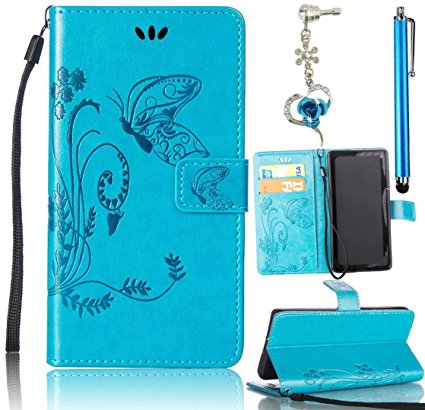 Samsung Galaxy Note 5 Case, Bonice 3 in 1 Accessory PU Leather Flip Practical Book Style Magnetic Snap Wallet Case with [Card Slots] [Hand Strip] Premium Multi-Function Design Cover   Stylus Pen   Diamond Blue Flower Antidust Plug, Blue