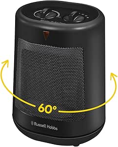 Russell Hobbs 2000W/2KW Electric Heater in Black PTC Ceramic Space Heater, Portable Oscillating 2 Heat Settings Overheat Protection, Adjustable Thermostat 20m2 Room Size RHFH1008B, 2 Year Guarantee