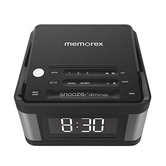 Clock Radio Memorex Alarm Clock for Bedrooms, Digital FM Radio with 2 USB Charging Ports, AUX in, Battery Backup, Large Snooze/Dimmer Button - Black