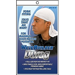 WAVE BUILDER Du-Rag with Long-Tie WHITE (Model: 192-AW), Stays tight all night, perfect fit, premium fabric, breathable material, form fitting, full size