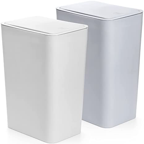 Fasmov Trash Can, 2 Pack 15 Liter / 4 Gallon Plastic Garbage Container Bin with Press Top Lid, Waste Basket for Kitchen, Bathroom, Living Room, Office, Narrow Place (White   Blue)