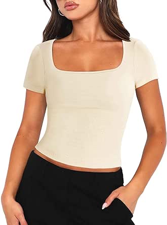 Zeagoo Women's Short Sleeve Square Neck T Shirt Slim Fitted Casual Basic Crop Top Going Out Tops