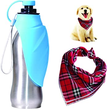 20 oz Dog Water Bottle Stainless Steel Dog Water Bottle, Dog Bandanas, Scarf for Dog, Portable Dog Water Bottle for Walking with Bowl, Reversible, Lightweight, Expandable Silicon Flip-Up Leaf…