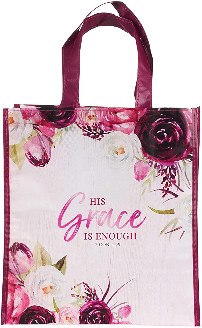 Christian Art Gifts Reusable Shopping Tote Bag: His Grace Is Enough - 2 Corinthians 12:9 Inspirational Bible Verse, Floral Pink for Groceries, Books, Supplies