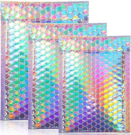 50 Pieces Metallic Padded Bubble Mailers Shipping Mailers Poly Mailers Foil Glitter Padded Envelopes Adhesive Seal Closure Envelopes Shipping Bags for Mailing Packing (Simple Style, Rainbow Color)